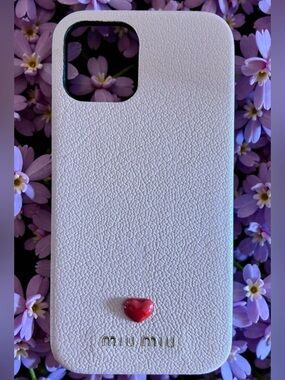 Miu Miu Light Pink Leather Phone Case with Red Heart Accent